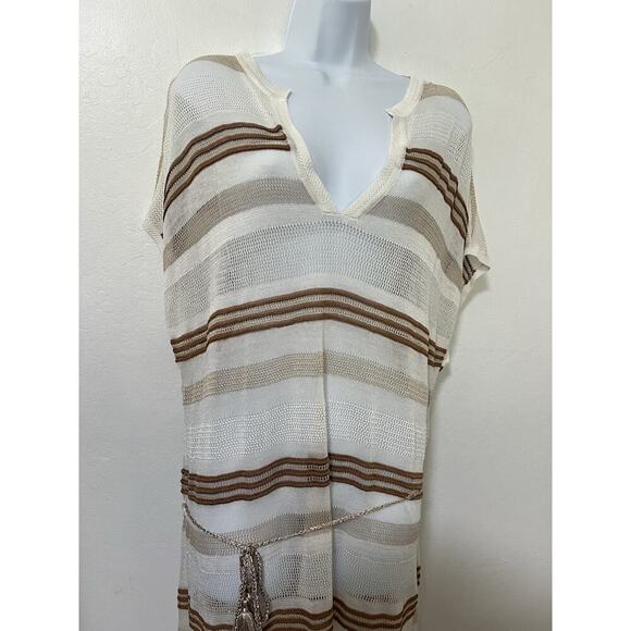 Chicos Crochet Stripe Sheer Belted Dress Swim Coverup Size L Neutral Beachy NWT - Picture 3 of 7